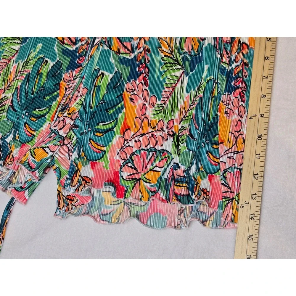Jess Lea Tropical Floral Pleated Two Piece Set Shirt and Shorts Teal Pink Medium